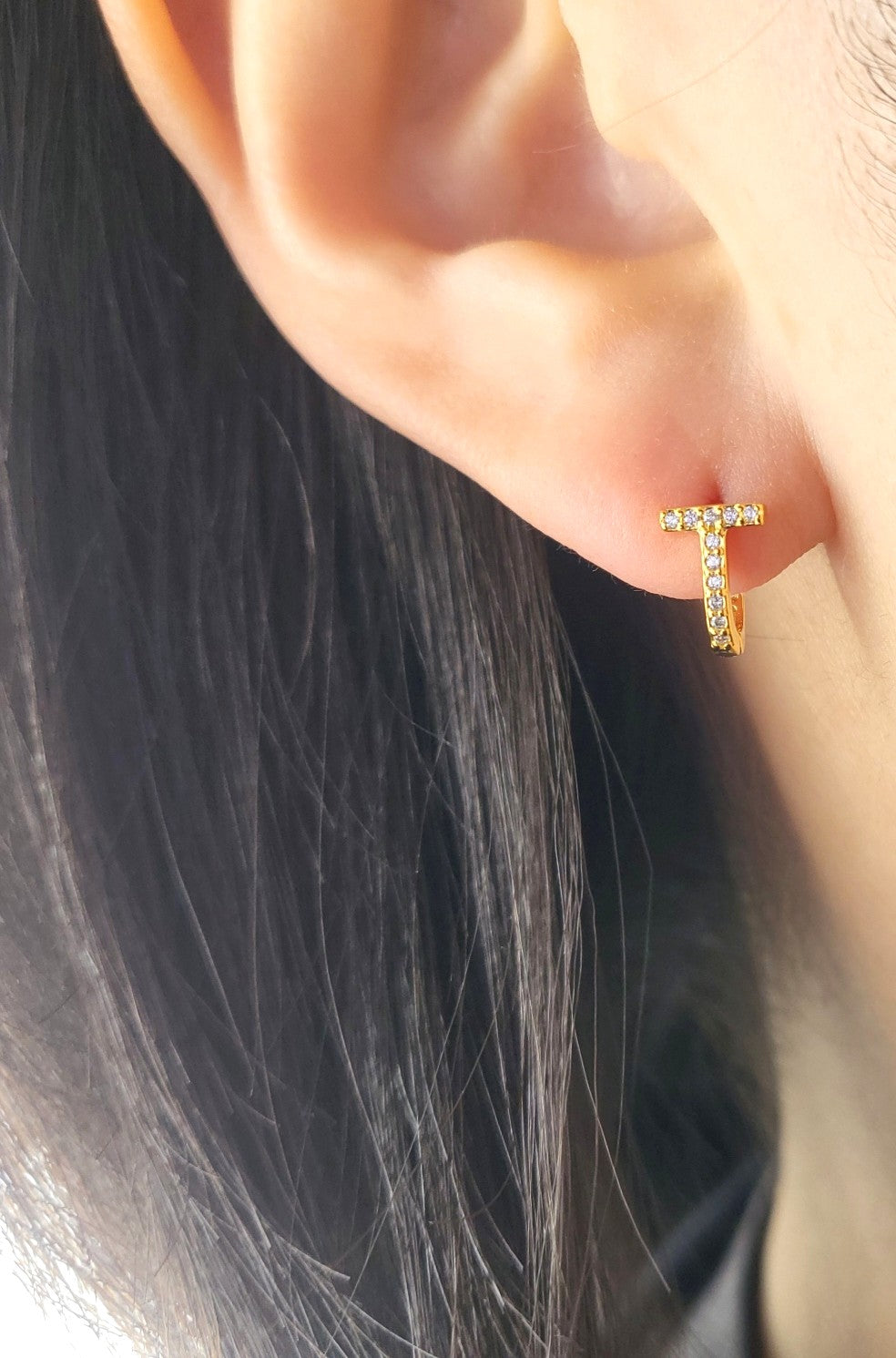 Sterling Silver Gold Plated Sterling Silver T-Bar Sparkle Huggies Earrings