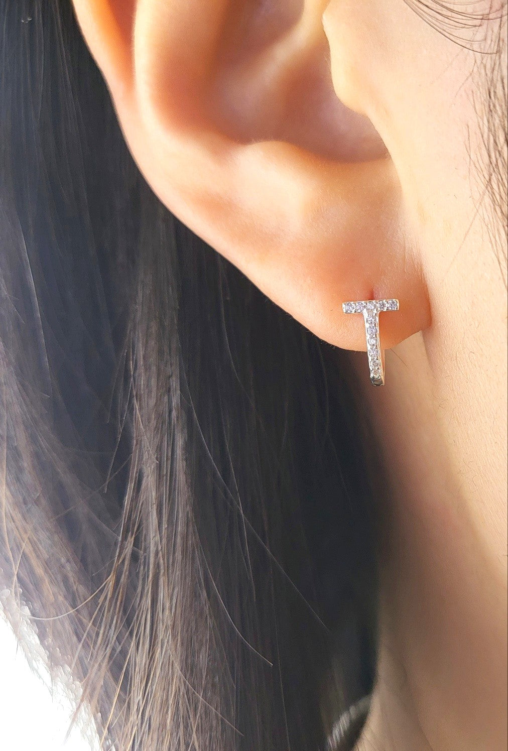 Sterling Silver T-Bar Sparkle Huggies Earrings