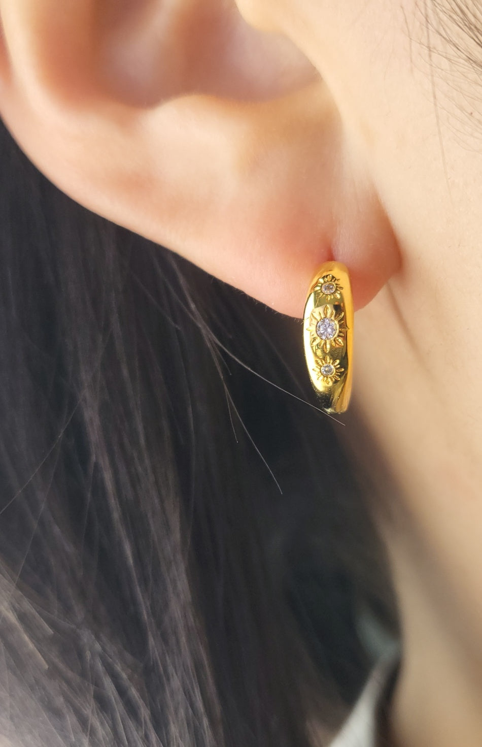 Gold Plated Sterling Silver Celestial Sunflower Huggies