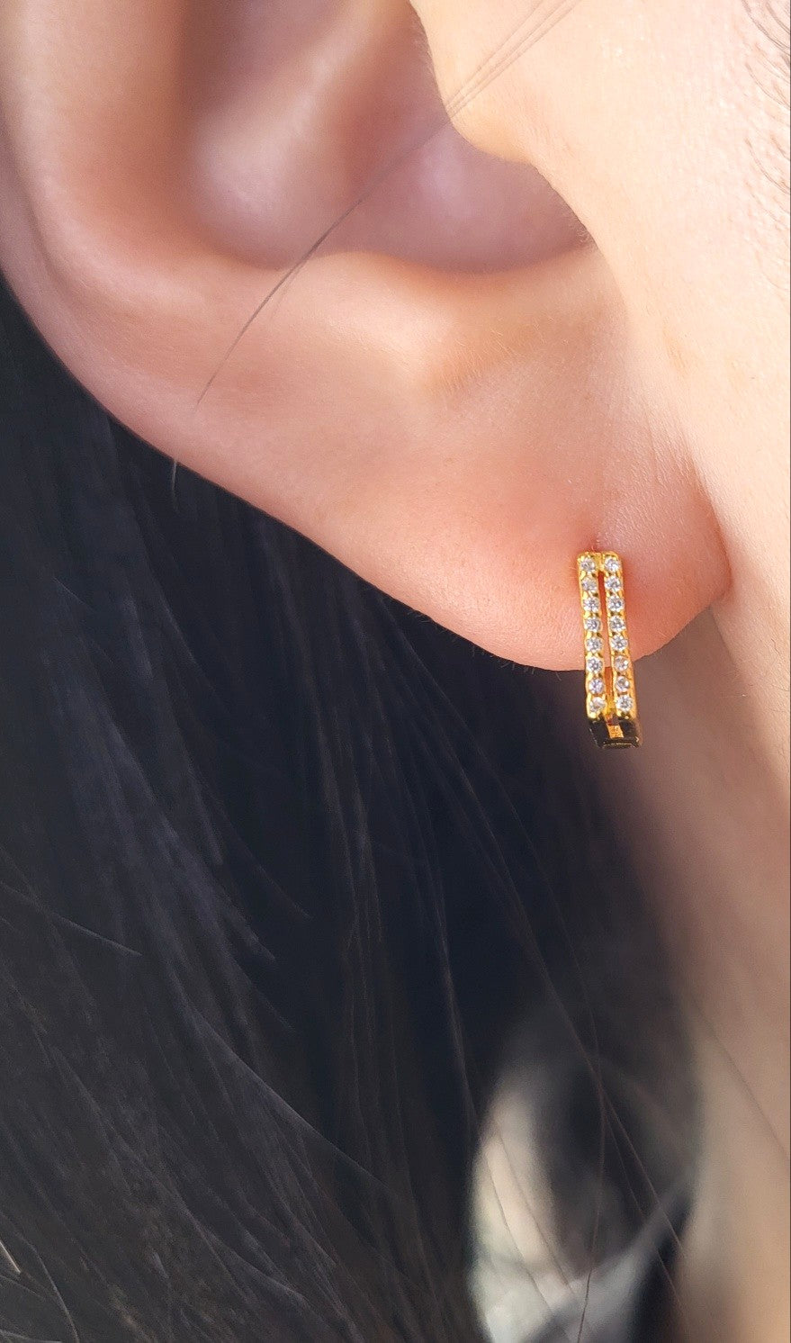 Gold Plated Sterling Silver Pavé Rectangle Huggies