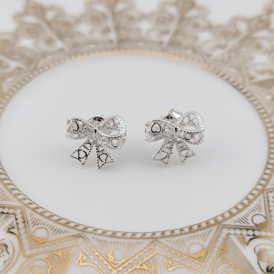 Sterling Silver Lacy Bow Stud Earrings