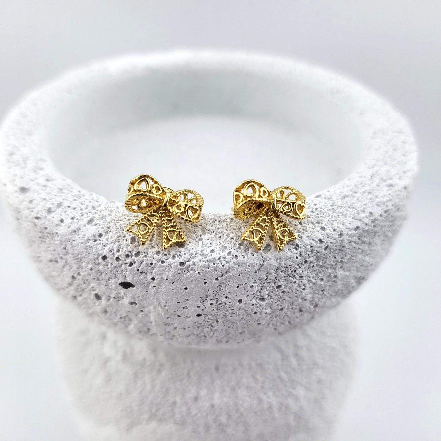 Gold Plated Sterling Silver Lacy Bow Stud Earrings