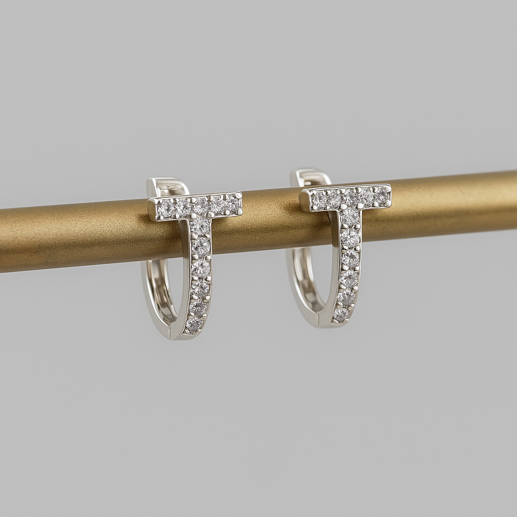Sterling Silver T-Bar Sparkle Huggies Earrings