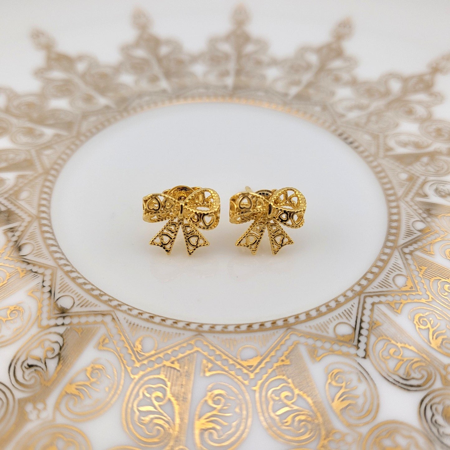Gold Plated Sterling Silver Lacy Bow Stud Earrings