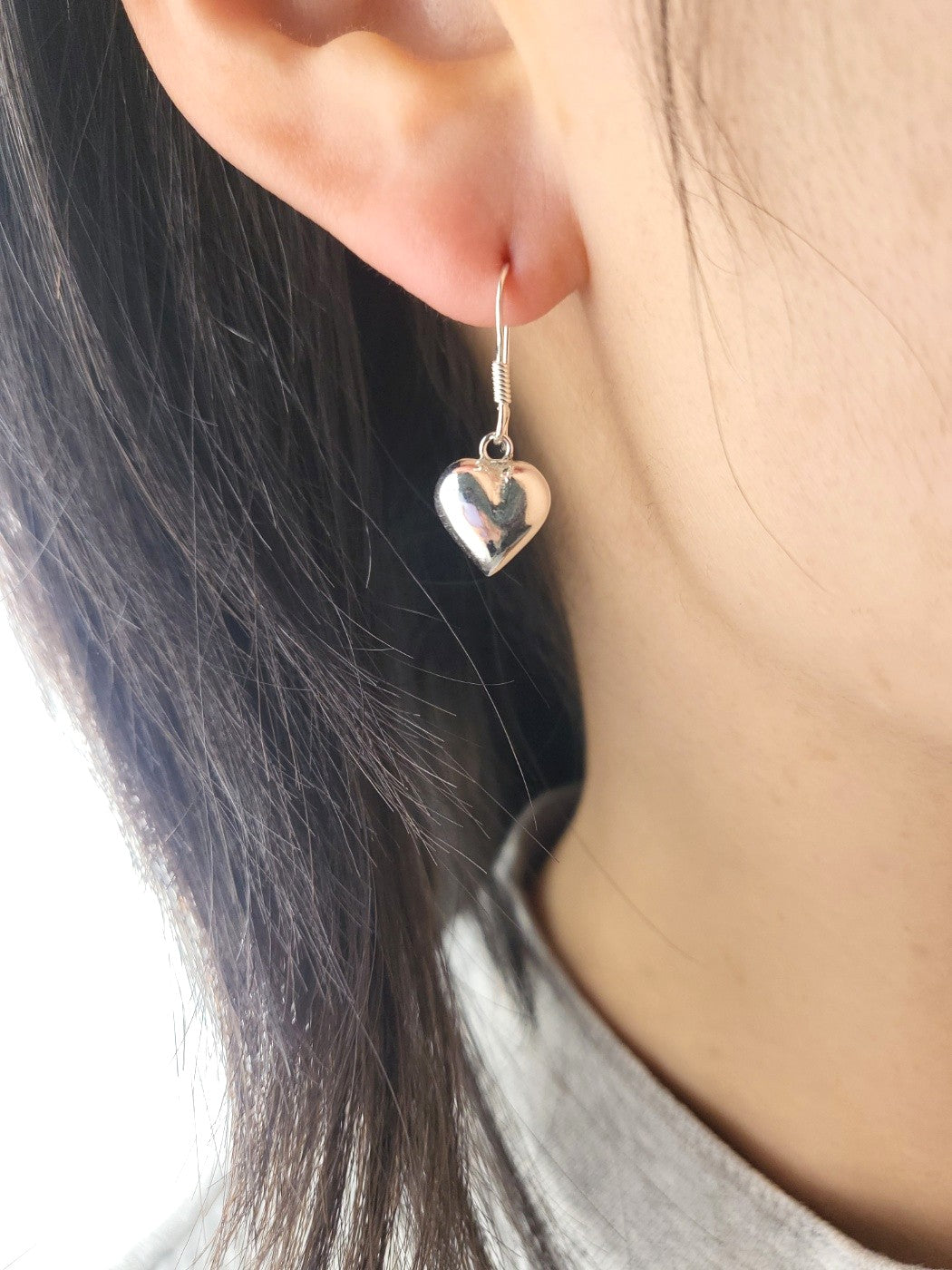 Sterling Silver Puffed Heart Drop Earrings