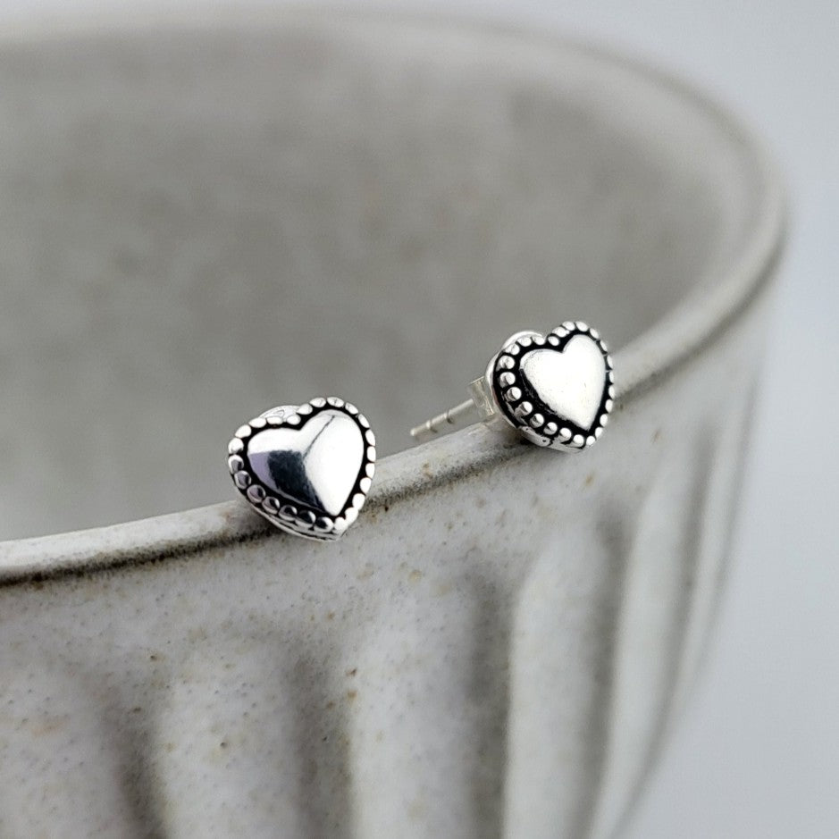 Sterling Silver Beaded Heart Stud Earrings