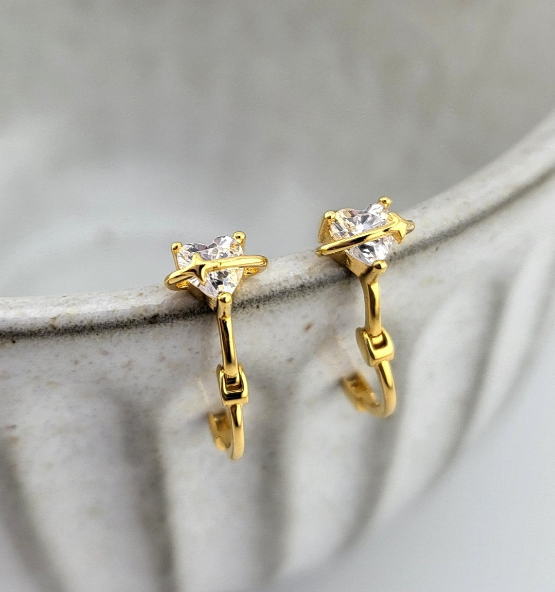 Gold Plated Sterling Silver Starlit Orbiting Heart Huggies